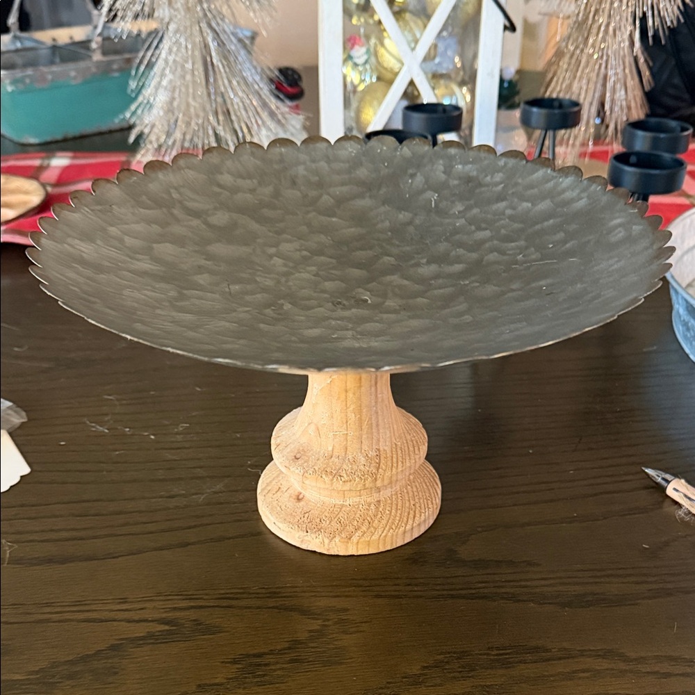 Hobby Lobby Charcoal Metal Cake Stand with Natural Wood Base